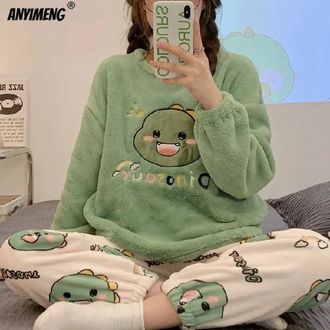 Winter Cute Duck Flannel Pajamas Set for Women Kawaiii Pattern Teddy Sleepwear for Girl Fashion Pullover Velvet Woman's Pijamas Pijamas Winter, Pijama Cute, Pajama Shirt Dress, Pijamas Women, Vintage Mini Dresses, Flannel Pajama Sets, Party Dress Long Sleeve, Flannel Women, Night Suit