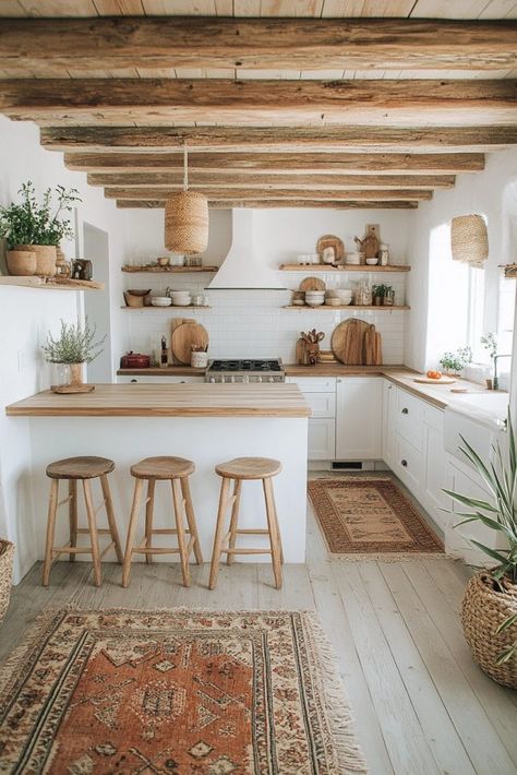 29 Modern Boho Kitchen Ideas to Bring Color and Texture into Your Space 16 Modern Boho Kitchen Ideas, Rustic Cottage Kitchens, Best Greige Paint, Best Greige, Modern Boho Kitchen, Boho Kitchen Ideas, Sustainable Lighting, Boho Kitchens, Adobe Home