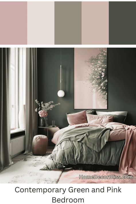 Contemporary Bedroom: Green Wall and Blush Bedding