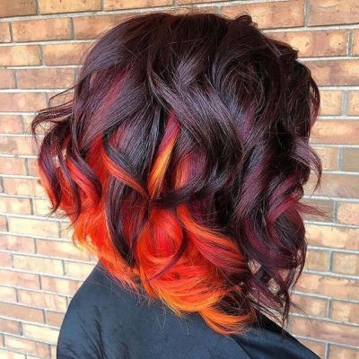 Vibrant Hair Color Ideas Fun, Spooky Hair Color Short Hair, Fall Vivid Hair Color Short Hair, Desert Sunset Hair, Burgundy Orange Hair, Sunset Hair Color Ombre, Vivid Hair Color Ideas For Brunettes, Fall Vivid Hair Color, Red And Orange Hair