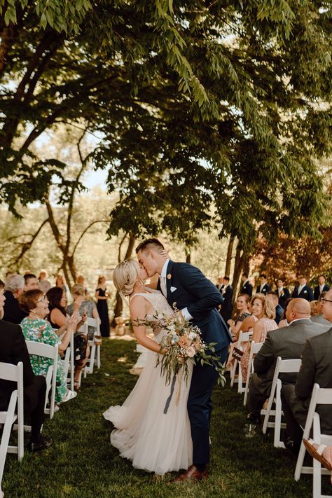 End Of The Aisle Kiss, Kiss Down The Aisle, Aisle Photos Wedding, Wedding Aisle Kiss, Mid Aisle Kiss Wedding, Wedding Walking Down The Aisle, Wedding Ceremony Kiss, Outdoor Ceremony Aisle, Aisle Inspiration