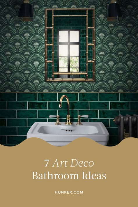 Deco Bathroom Ideas, Art Deco Bathroom Ideas, Dark Green Bathrooms, Wallpaper Art Deco, Deco Interiors, Art Deco Bathroom, Deco Bathroom, Wallpaper Bathroom, Downstairs Loo