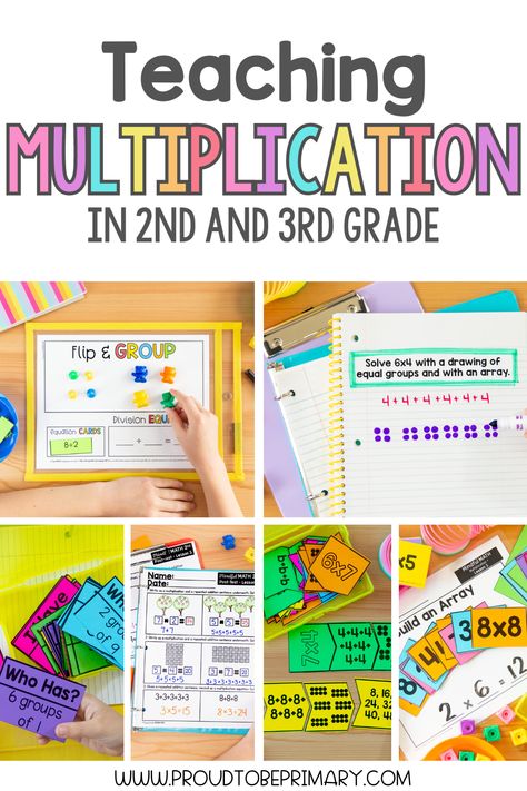 Unlock the magic of multiplication in 2nd grade and 3rd grade classrooms with interactive lessons, creative math strategies, and hands-on math and multiplication activities! Students can learn about equal groups, arrays, repeated addition, properties of multiplication, and more. Plus there are plenty of tips and tricks to help kids remember multiplication facts from 0 to 9. Grab the FREE printable set of 20 multiplication vocabulary cards for your math vocabulary wall! Multiplication Strategies 3rd, Multiplication Lessons 3rd Grade, Multiplication For 3rd Grade, Equal Groups Multiplication, Multiplication Intervention, Multiplication Properties 3rd Grade, How To Teach Multiplication 3rd Grade, Multiplication Activities 3rd Grade, 3rd Grade Multiplication