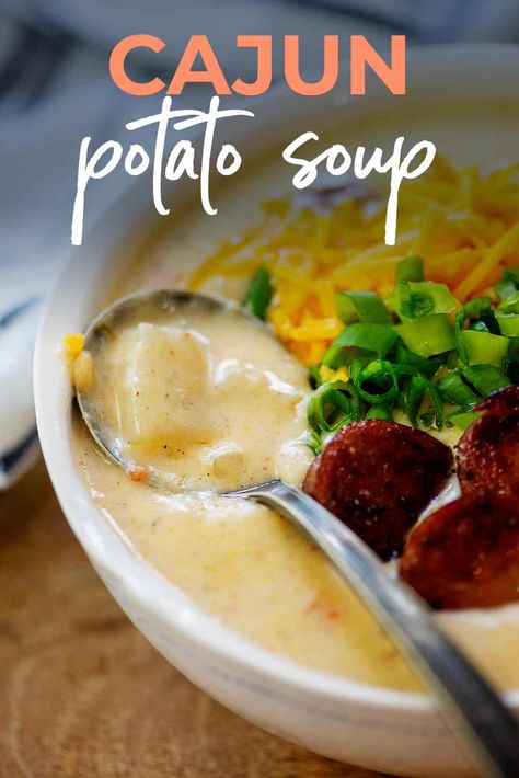 Our Cajun Potato Soup is thick and creamy with a little spice from the Cajun seasoning and andouille sausage. Cajun Potato Soup, Potato Soup With Sausage, Crockpot Cajun, Hearty Chili Recipe, Cajun Potatoes, Soup With Sausage, Sausage Potato Soup, Buns In My Oven, Cajun Sausage