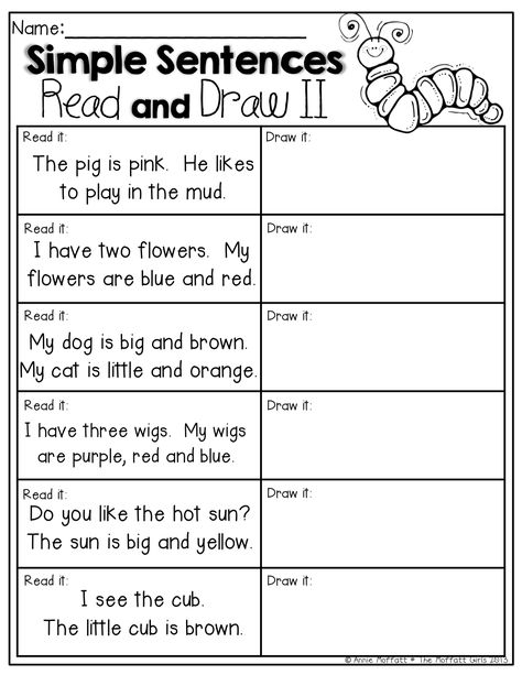 READ and DRAW!  Read the SIMPLE sentences and draw a picture to match! Ingles Kids, Simple Sentence, Ela Worksheets, First Grade Worksheets, Worksheet For Kids, First Grade Reading, 1st Grade Worksheets, Kindergarten Writing, Comprehension Worksheets