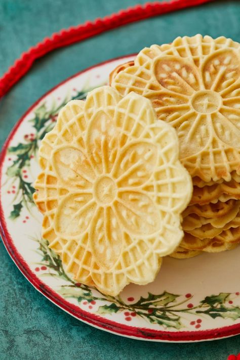 Waffle-like cookies, pizzelle are simple and festive. Gluten Free Pizzelle Recipe, Pizzelle Recipe Italian, Pizzelle Cookies, Pizzelle Recipe, Bigger Bolder Baking, Gf Cookies, Italian Christmas Cookies, Baking Cookbooks, Recipe Italian