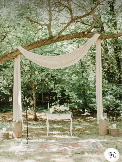 Draped Tree Wedding, Drapes In Trees Wedding, Tree Wedding Ceremony Decoration, Wedding Tree Drape, Fabric Tree Wedding, Fabric In Trees For Wedding, Rug For Outdoor Wedding, Backyard Wedding Sitting Area, Fabric On Trees Wedding