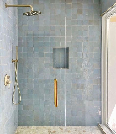 Trending Bathroom Colors, Light Blue Tile, Bathroom Colours, Blue And White Bathroom, Blue Shower Tile, Light Blue Bathroom, White Bathroom Rug, Zia Tile, Blue Bathroom Tile