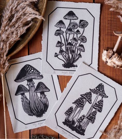 Linocut Ideas, Linoleum Print, Mushroom Drawing, Linocut Printmaking, Lino Art, Lino Printing, Relief Printing, Lino Prints, Linocut Art