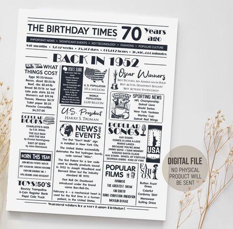 1952 70th Birthday Decorations, Back in 1952 Poster, 70th Birthday Gift, 1952 Fun Facts, Digital Printable Download Born In 1972 Birthday, Birthday Newspaper, 30th Birthday Themes, 80th Birthday Decorations, 70th Birthday Decorations, 50th Birthday Decorations, 30th Birthday Decorations, 18th Birthday Party, 30th Birthday Parties