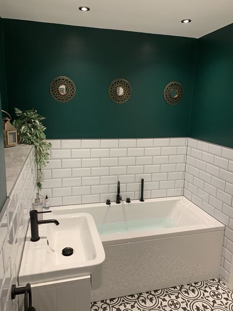 Metro tiles dark green bathroom Victorian tiles Matt black taps Makeover Kamar Mandi, Dark Green Bathrooms, Green Bathroom Decor, Bilik Air, Small Bathroom Makeover, Bathroom Inspiration Decor, Green Walls, Bathroom Trends, Green Bathroom