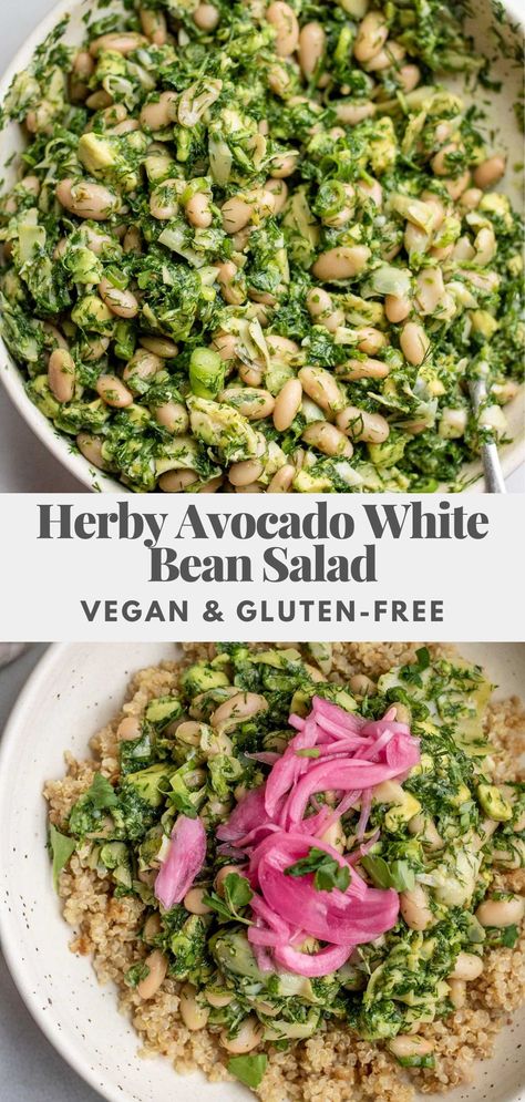 Salad With Herbs, Vegan Bean Salad, White Bean Salad, No Cooking, Pickled Onions, Vegan Salad, White Bean, Bean Salad, Bean Recipes