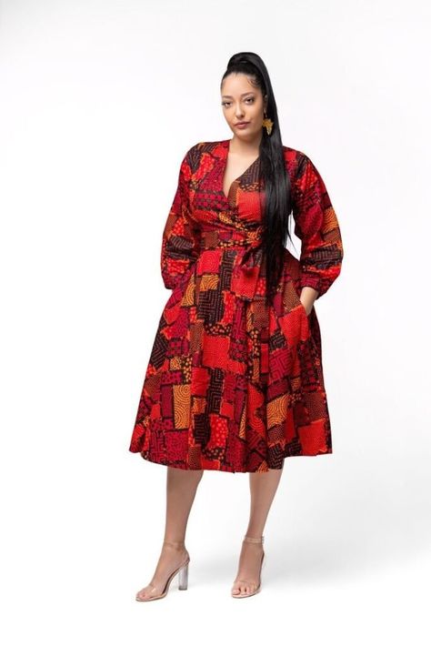 Red African Print Dress Ankara Styles, Ankara Wrap Dress Styles, Ankara Wrap Dress, Ankara Midi Dress, Ankara Maxi Dress, Ankara Styles For Women, Wrap Dress Styles, Trendy Maxi Dresses, Dress African Print