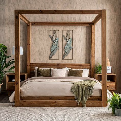 Wooden Four Poster Bed With Curtains, Wood 4 Poster Bed Master Suite, 4 Poster Bed Frame, Rustic Four Poster Bed, Wooden 4 Poster Bed, Rustic Bed Ideas, Four Poster Bed Diy, Poster Bed Bedroom Ideas, Rustic Bed Frame Ideas