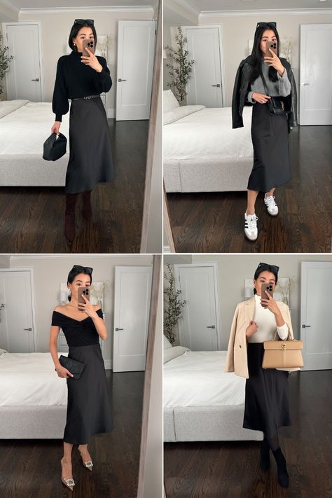 Slip Skirt Outfit Winter, Slip Skirt Outfit Fall, Silk Skirt Outfit Winter, Black Slip Skirt Outfit, Petite Outfits Fall, Slip Dress Outfit Winter, How To Style A Slip Dress, Slip Skirt Outfit, Silk Skirt Outfit