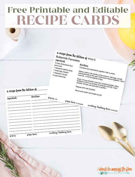 Free Printable Editable Recipe Card in Two Design Options | Includes complete video tutorial. Free Templates Printable Editable Recipe Cards, Recipe Templates Free, Printable Recipe Page, Recipe Cards Printable Free, Mopping The Floor, Kitchen Witch Recipes, Spring Recipe, Recipe Cards Template, Menu Book