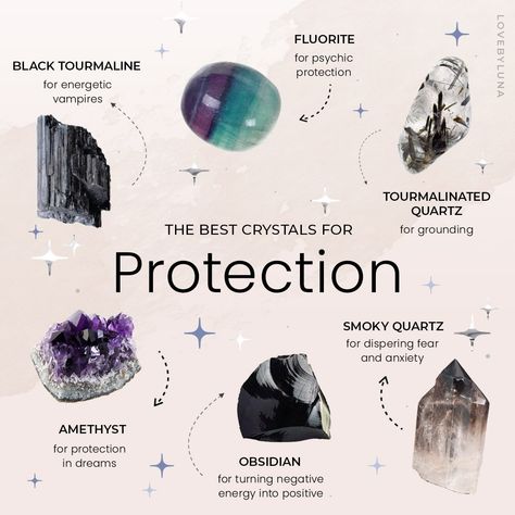 7,508 Likes, 67 Comments - Love By Luna® (@lovebyluna) on Instagram: “𝐏 𝐑 𝐎 𝐓 𝐄 𝐂 𝐓 𝐈 𝐎 𝐍 𝐒 𝐓 𝐎 𝐍 𝐄 𝐒 ⚔️ say goodbye to negativity and hello to boundaries! for the best…” Crystals For Protection, Crystal Healing Chart, Soya Mumu, Crystal Vibes, Best Crystals, Wiccan Spell Book, Crystal Aesthetic, Witchcraft Spell Books, Witch Spell Book