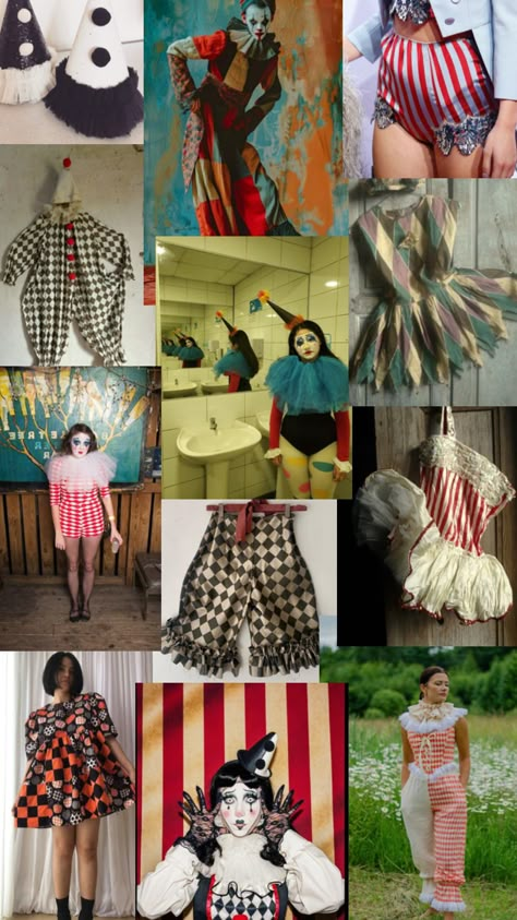 Planning my spooky clown costume make #spooky #scaryaesthetic #clowncore #circusaesthetic #HalloweenChallenge Clown Inspired Fashion, Clown Themed Outfit, Simple Clown Costume Outfit, Clown Costume Aesthetic, Clown Moodboard, Clowncore Fashion, Clowncore Kidcore, Clowncore Outfit, Haunted Hollywood