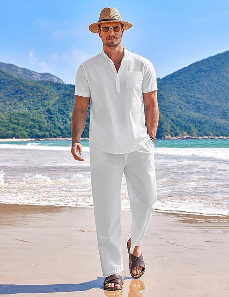 Men's 2 piece cotton linen set is a combo of henley shirt and elastic waist pants, featuring band collar, 5 buttons, chest pocket,cuban style,long sleeve, elastic waist with drawstring, two side pockets. It's not only a combo but it is  #amazonfashion #amazonmensfashion #amazoncomision   Men's 2 piece vacation outfits are perfect for holiday, vacation, cruise, luau, tropical, hawaiian, island, lounge, beach party, beach wedding, hippie, vacation outfits, fashion streetwear and casual daily wear. Band Collar Shirt, Banded Collar Shirts, Summer Yoga, Short Sleeve Henley, Yoga Outfits, Beach Yoga, Womens Dress Suits, Pants Details, Pants Summer