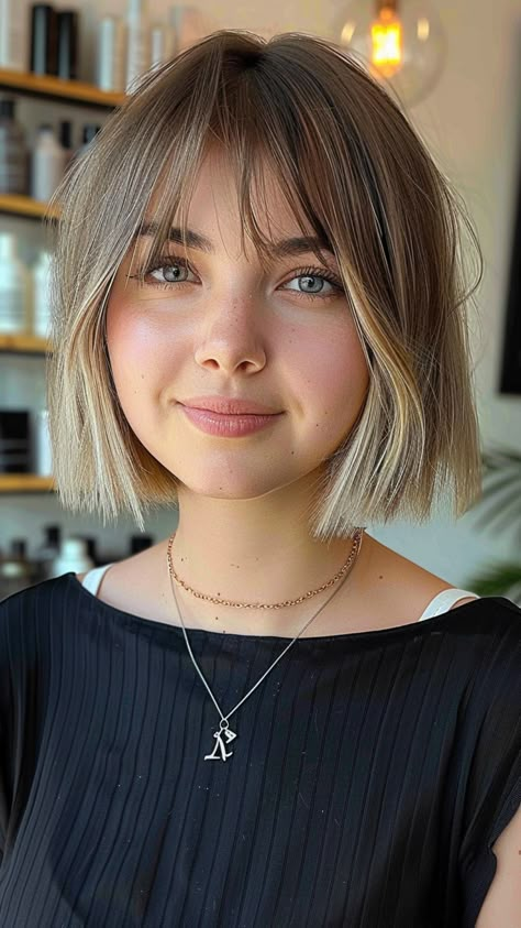 22 Modern Hairstyles for Girls with Massive Foreheads- #Big #Fashionable #Foreheads #Hairstyles #Women Check more at https://howcandothis.com/hairstyleideas/22-modern-hairstyles-for-girls-with-massive-foreheads/ Short Bob And Bangs Hairstyles, Wispy Bangs With Bob Haircut, Long Bob With Bangs Straight Hair, Bob Hairstyles Fringe, Bob And Fringe Hairstyles, Short Hairstyle Women Big Forehead, Bob Bangs Round Face, Bob With Wispy Bangs Round Face, Light Brown Bob With Bangs