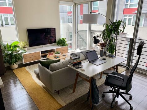 Living room in my first solo apartment - Imgur Living Room Home Office Layout, Clutter Free Living Room Ideas, Office Den Combo, Home Office With Sofa Bed, Office Living Room Combo, Living Room Office Combo, Living Room Workspace, Living Arrangements, Dc Living