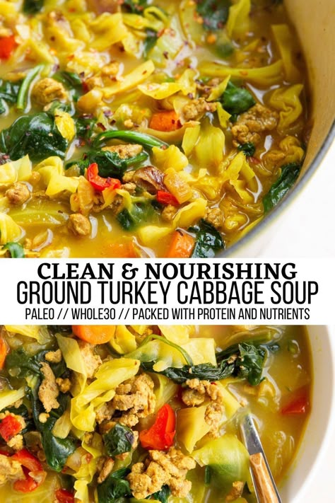 Curry Ground Turkey Cabbage Soup with fresh vegetables and an aromatic broth for a feel-good meal. This energizing detox soup recipe is a beautiful balance of protein, fiber, micronutrients and healthy fats for a healthy meal. #detox #paleo #whole30 #healthy #glutenfree #soup Low Fat Soup Recipes Gallbladder, Curry Ground Turkey, Ground Turkey And Cabbage, Turkey Cabbage Soup, Turkey And Cabbage, Ground Turkey Cabbage, Stuffed Cabbage Soup, Healthy Soup Recipes Clean Eating, Turkey Cabbage