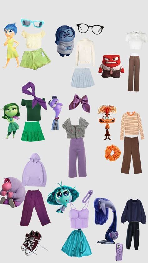 inside out characters Inside Out Anxianity Costume, Halloween Costumes Inside Out, Embarrassment Inside Out Outfit, Inside Out Dress Up, Inside Out Disneybound, Inside Out Outfits, Inside Out Characters Costumes, Inside Out Outfit Ideas, Inside Out 2 Characters