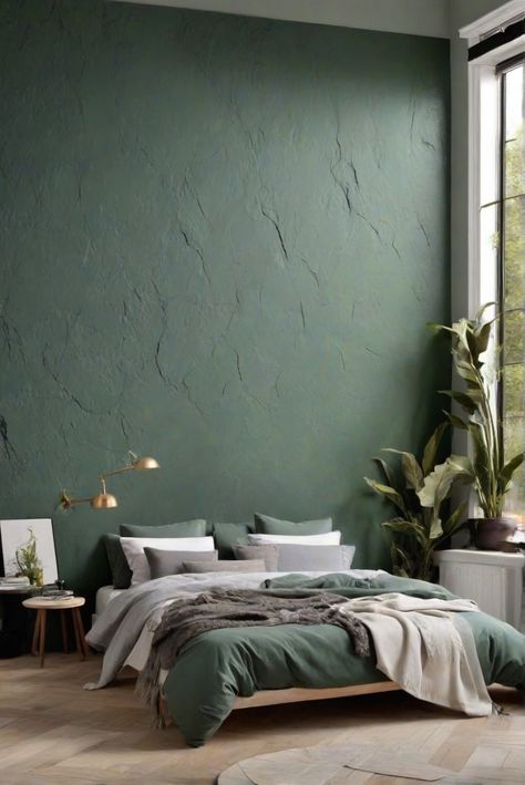 green wall paint, bedroom renovation, home improvement, interior design bedroom Grey And Green Bedroom Ideas, Kitchen Aesthetic Boho, African Beach House, Green Accent Wall Bedroom, Green And Grey Bedroom, Cellar Room, Home Interior Bedroom, Brick Wall Bedroom, African Beach