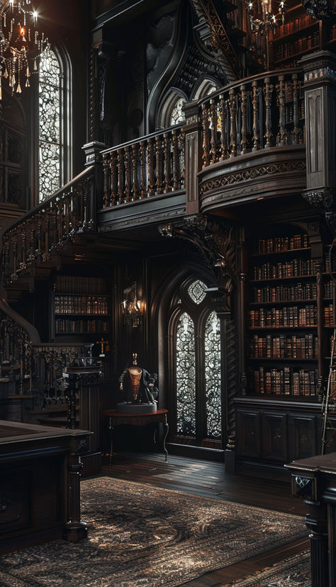 Bookshelf, chandelier, window, table inspo for our moody library Gothic Library Decor, Victorian Gothic Library, Bookshelf Aesthetic Dark, Black Library Room, Gothic Library Aesthetic, Dark Library Room, Goth Library, Dark Library Aesthetic, Gothic Bookshelf