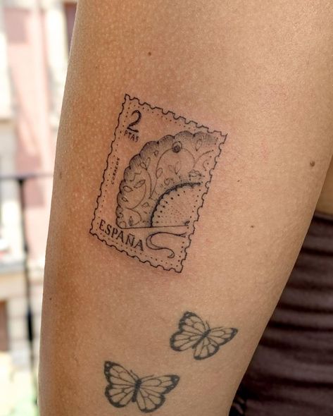 Spain Postage Stamp Tattoo, England Tattoo Ideas Symbols, Madrid Stamp Tattoo, Old Stamp Tattoo, California Postage Stamp Tattoo, Puerto Rico Stamp Tattoo, Spain Stamp Tattoo, Barcelona Stamp Tattoo, Mexico Stamp Tattoo