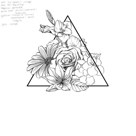 Triangle Flower Tattoo Design, Flowers Triangle Tattoo, Triangle And Flower Tattoo, Floral Triangle Tattoo, Triangle Tattoo Cover Up, Triangle Tattoo With Flowers, Flower Triangle Tattoo, Triangle Flower Tattoo, Back Of Calf Tattoo