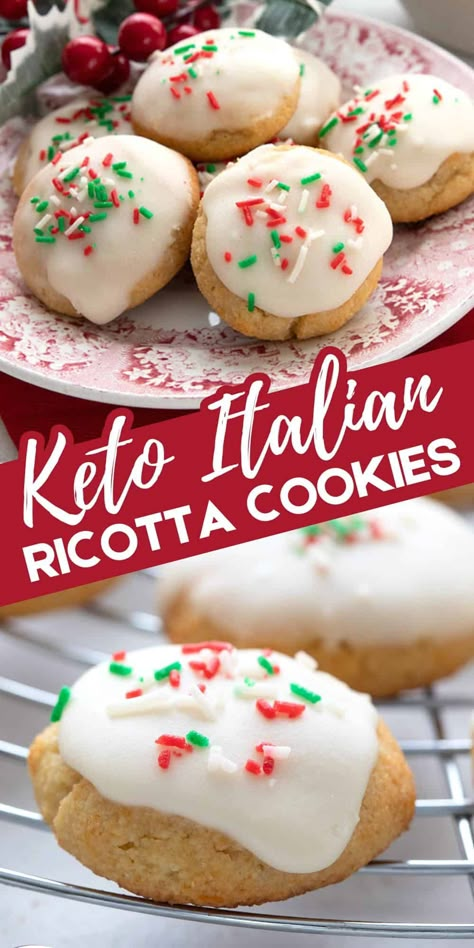 Pillowy soft Keto Ricotta Cookies are a sweet Italian-style treat. These classic cookies are just as tender and delicious as the original, and totally sugar-free. #FeelingFestive24 #ketocookies #lowcarbdesserts Keto Cookies Christmas, Christmas Cookies Keto, Keto Ricotta Cookies, Soft Keto Foods, Ricotta Recipes Keto, Keto Christmas Treats, Keto Ricotta Recipes, Keto Sugar Cookie Recipe, Keto Cookies Easy