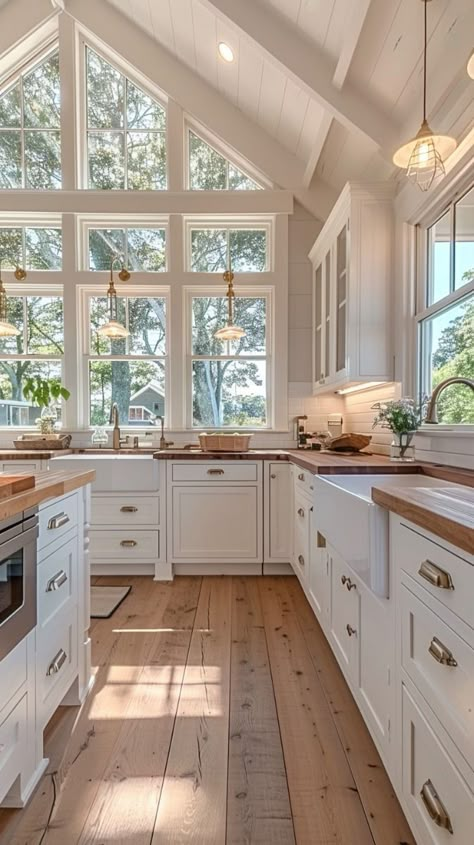 Log Home Kitchens, Coastal Farmhouse Kitchen, Cape Cod Style, Laundry Ideas, Farmhouse Kitchens, Pantry Door, Exposed Beams, Living Room Decor Cozy, Exposed Wood