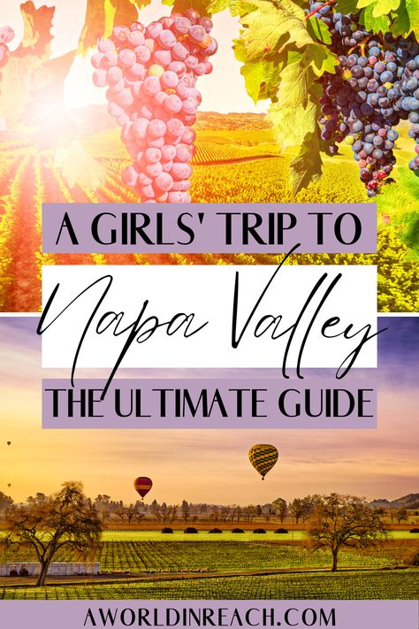 A photo of grapes at a winery in Napa Valley and of two hot air balloons over Napa Valley with text overlay reading "A Girls' Trip to Napa Valley The Ultimate Guide" Napa Valley Itinerary, American Roadtrip, Napa Valley California, West Coast Travel, Napa Valley Trip, Napa Trip, Friends Trip, California Travel Guide, Girls Trips