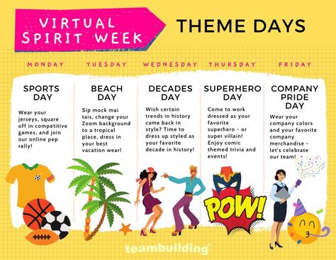 Vacation Day Spirit Week, Halloween For Teachers, Meeting Themes, Team Building Activities For Coworkers, Holiday Spirit Week, Work Team Building Activities, Spirit Week Themes, Work Event Ideas, Spirit Day Ideas