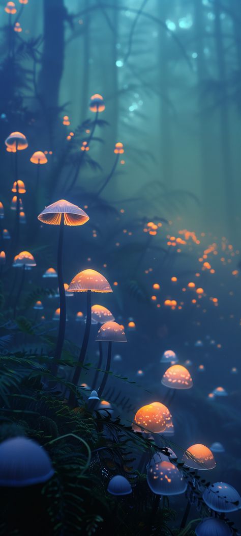 Moon Forest Wallpaper, Dreamy Moon Aesthetic, Cartoon Mushroom Wallpaper, Bioluminescence Aesthetic Wallpaper, Witchy Asthetic Picture Wallpaper, Mystic Mushroom, Ipad Wallpaper Fairycore, Earth Witch Wallpaper, Aesthetic Botanical Wallpaper