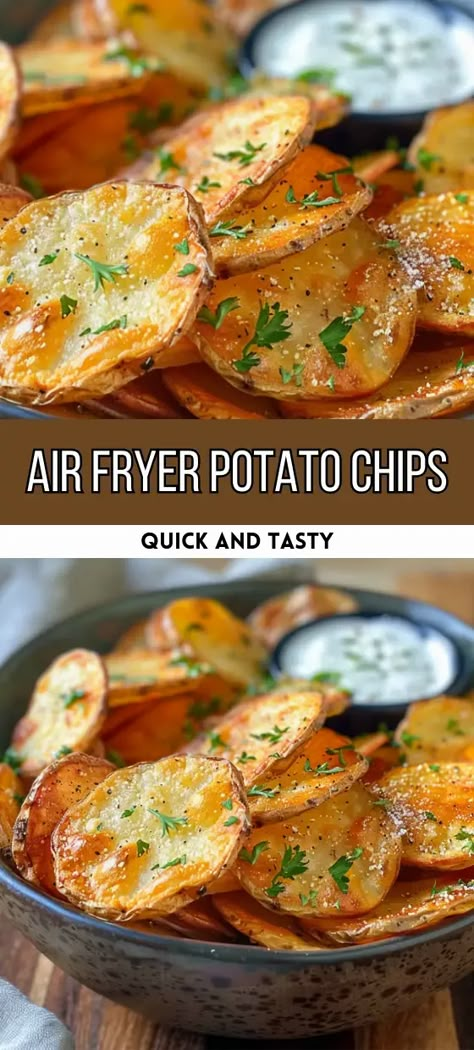 Crispy Air Fryer Potato Chips Recipe | Homemade Snack Homemade Air Fried Potato Chips, Air Fry Chips Recipe, Sweet Potato Chips In Air Fryer, Airfryer Golden Potatoes, Air Fryer Potato Chips Recipe, Crunchy Potatoes In Air Fryer, Air Fryer Kettle Chips, Potato Chips Homemade Airfryer, Crisps In Air Fryer