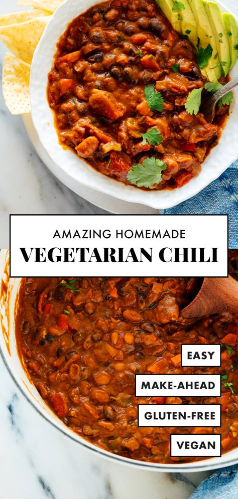 Truly the BEST vegetarian chili! This recipe is easy to make with basic ingredients. Leftovers taste even better the next day, and freeze great, too! #vegetarian #vegan #glutenfree #chilirecipe #cookieandkate Best Vegetarian Chili, Vegetarian Chili Easy, Chili Vegan, Pesto Vegan, Vegetable Chili, Favorite Chili Recipe, Chili Toppings, Vegetarian Chili Recipe, Sweet Potato Chili