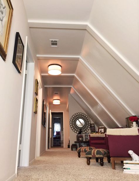 Long Hallway with a Slanted Ceiling & Sitting Area | Currently | ...love Maegan Slanted Ceiling Hallway, Hallway Nook Ideas, Nooks Ideas, Hallway Nook, Attic Living Room, Hallway Ideas Diy, Luxury Stairs, Cozy Sitting Area, Braids Ideas Cornrows