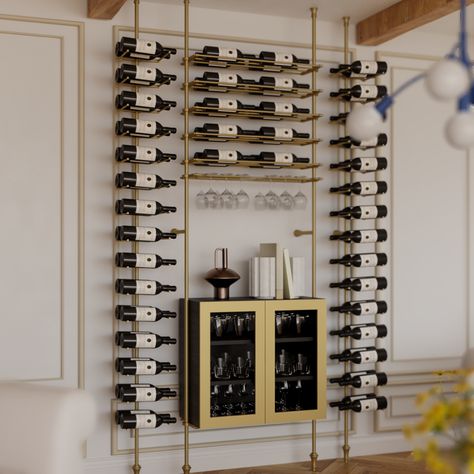 ✨ Introducing the New Napa Wine Assembly! ✨🍷⁠ An elegant blend of our new Metal Framed Cabinetry and sophisticated wine racking, designed to showcase your collection with style.⁠ ⁠ ➡️ Capacity: Holds up to 80 bottles, ideal for growing collections⁠ ➡️ Dimensions: Measuring 63 inches wide by 96 inches tall⁠ ➡️ Finishes: Available in 6 luxurious finishes to match any decor⁠ ➡️ Finials: Choose from 3 elegant finial styles for a personalized touch⁠ ⁠ Experience the perfect harmony of luxury and p... Home Wine Room, House Interiors Ideas, Basements Ideas, Wine Wall Display, Texas Apartment, Wine Bottle Shelf, Bistro Shelving, Cabinet Island, Pocket Office