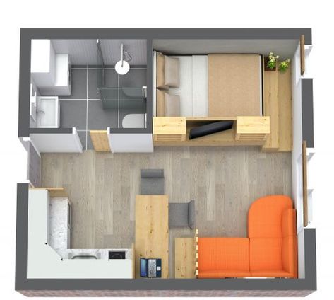 Studio Apartment With Clever Storage Studio Apartment Plans, Apartment With Fireplace, Tiny Home Layout, Tiny Studio Apartments Layout, Studio Apartment Plan, Modern Studio Apartment, Small Apartment Plans, Studio Apartment Floor Plans, Apartemen Studio