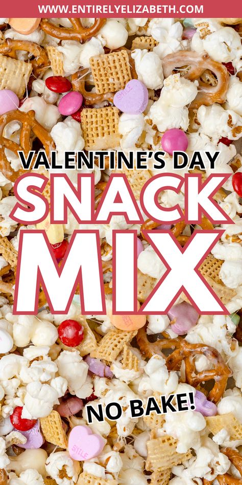 A fun treat for Valentine's Day parties and gifting, this popcorn snack mix is irresistibly sweet and salty. With just 7 ingredients and no baking required, it's covered in marshmallow goodness that kids and adults will adore. Valentine Popcorn Treats, Chex Mix Recipes Valentines Day, Valentine Popcorn Recipes, Treat Exchange Ideas, Sweet And Salty Valentines Snack, Friendship Mix Valentines Day, Valentines Day Salty Snacks, Popcorn Mix Sweet And Salty, Valentines Trail Mix Recipes