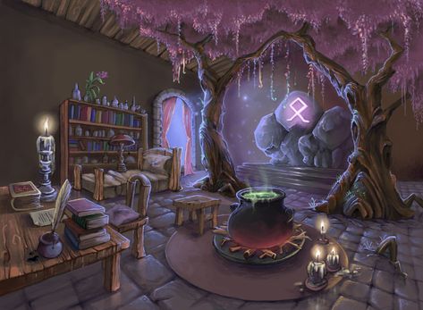 ArtStation - A Wizard's Living Room, Stefanie Arndorfer Witch House Concept Art, Fantasy Room Concept Art, Room Fantasy Art, Witches Room, Dnd Room, Fantasy Room, Witch Room, Fantasy Wizard, Fantasy Witch