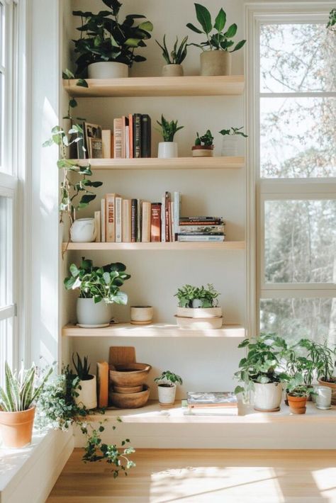 White Floating Bookshelves, Large Plant Shelves Indoor, Plants In Bookshelves, Bookshelf Wall Styling, Long Shelf Bedroom, How To Decorate A Bookshelf Living Room, Plants On Top Of Bookcase, Small Book Shelf Idea, Bookshelf Inspo Bookcase Styling