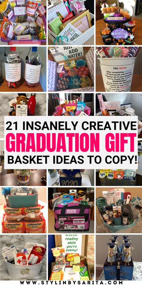 graduation gift baskets High School Graduation Gift Basket, College Graduation Gift Basket, Cheap Graduation Gifts, Graduation Gift Baskets, Graduation Gift Basket Ideas, Inexpensive Graduation Gifts, College Gift Baskets, High School Senior Gifts, Creative Graduation Gifts