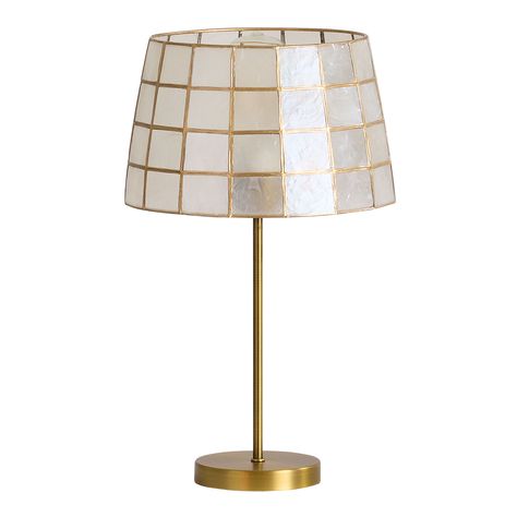 Natural Capiz and Golden Brass Table Lamp - World Market Capiz Shell Lamp, Conversation Room, New House Living Room, Shell Lamp, Brass Table Lamp, Capiz Shell, Nightstand Lamp, Brass Table, Brass Table Lamps