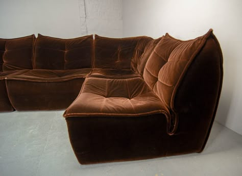 Mid-Century Design Chocolate Golden Brown Velvet 6 Elements Modular Soft Shell Sofa, 1970s | hpvintage.com Retro Velvet Sofa, Mid Century Modern Modular Sofa, Brown Modular Sofa, Chocolate Velvet Sofa, Vintage Sectional Sofa, Chocolate Brown Velvet Sofa, Vintage Modular Sofa, Brown Velvet Sectional, Shell Sofa