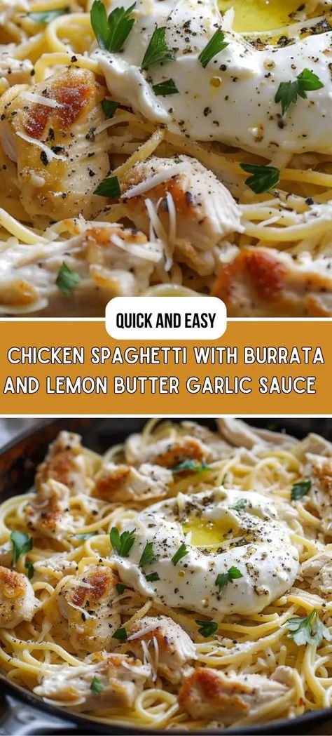 Chicken Spaghetti with Burrata and Lemon Butter Garlic Sauce Spaghetti With Burrata, Lemon Butter Garlic Sauce, Butter Garlic Sauce, Easy Chicken Spaghetti, Burrata Recipe, Traditional Pasta, Date Night Dinners, Lunch Appetizers, Hosting A Dinner Party