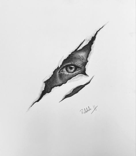 A drawing of an eye behind a large tear in paper. Eyes Charcoal Drawing, Charcoal Drawing Abstract, Dark Charcoal Art, Charcoal Eye Drawing, Simple Charcoal Drawing, Tears Drawing, How To Draw Tears, Charcoal Sketching, Easy Charcoal Drawings