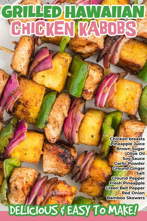 Grilled Hawaiian Chicken Kabobs is made with pineapple, peppers and onions and flavorful chicken. Delicious and easy to make kabob recipe. Kabobs are so fun and easy to make. We love the sweet and salty combination that the Hawaiian marinade gives the chicken. The perfect weeknight meal. #grillonadime #grilledhawaiianchickenkabobs #chickenkabobs Camping Trip Meals, Chicken Shish Kabobs Marinade, Hawaiian Marinade, Meatball Kabobs, Hawaii Chicken, Potato Kabobs, Chicken Kabob Marinade, Chicken Shish Kabobs, Pineapple Chicken Kabobs